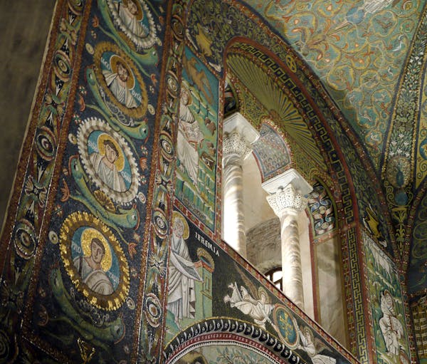 Mosaics cover nearly every surface of the 6th century Basilica di San Vitale, a few blocks from Ravenna, Italy's main square, the Piazza del Popolo. T