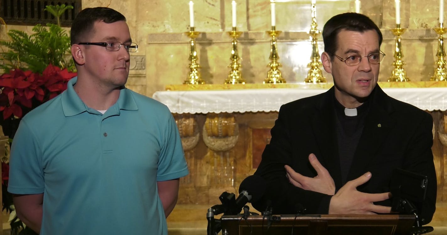 Nathan Leonhardt, a maintenance worker at the Cathedral of St. Paul, and Father John Ubel, explained how Leonhardt discovered a newborn baby boy that had been abandoned at the doorway of the church on the previous night. Ubel baptized the newborn with the name Nathan John, before paramedics arrived to take the baby to Children's Hospital in St. Paul. ] Shari L. Gross / sgross@startribune.com A maintenance employee described finding newborn boy left wrapped in a blanket in a laundry basket inside