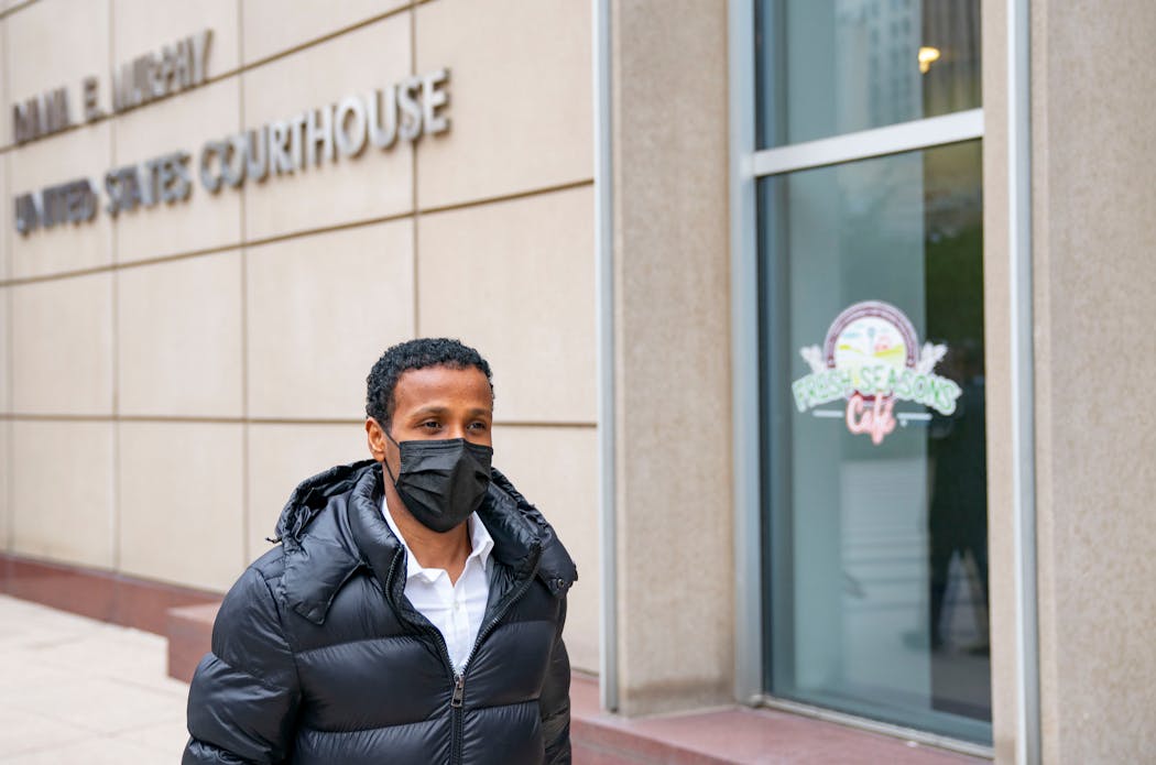 Hadith Yusuf Ahmed walks out of the Diana E. Murphy U.S. Courthouse after his hearing Thursday, Oct. 13, 2022 in Minneapolis.   ]

ALEX KORMANN • alex.kormann@startribune.com