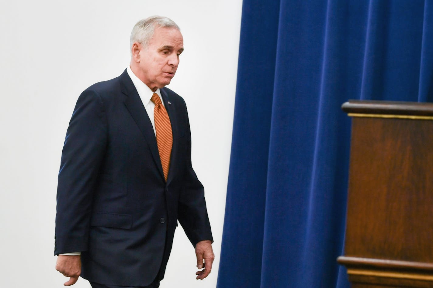 Governor Dayton entered the press conference. He spoke to the press about how the election has reshaped power at the State Capitol in a critical budget year.