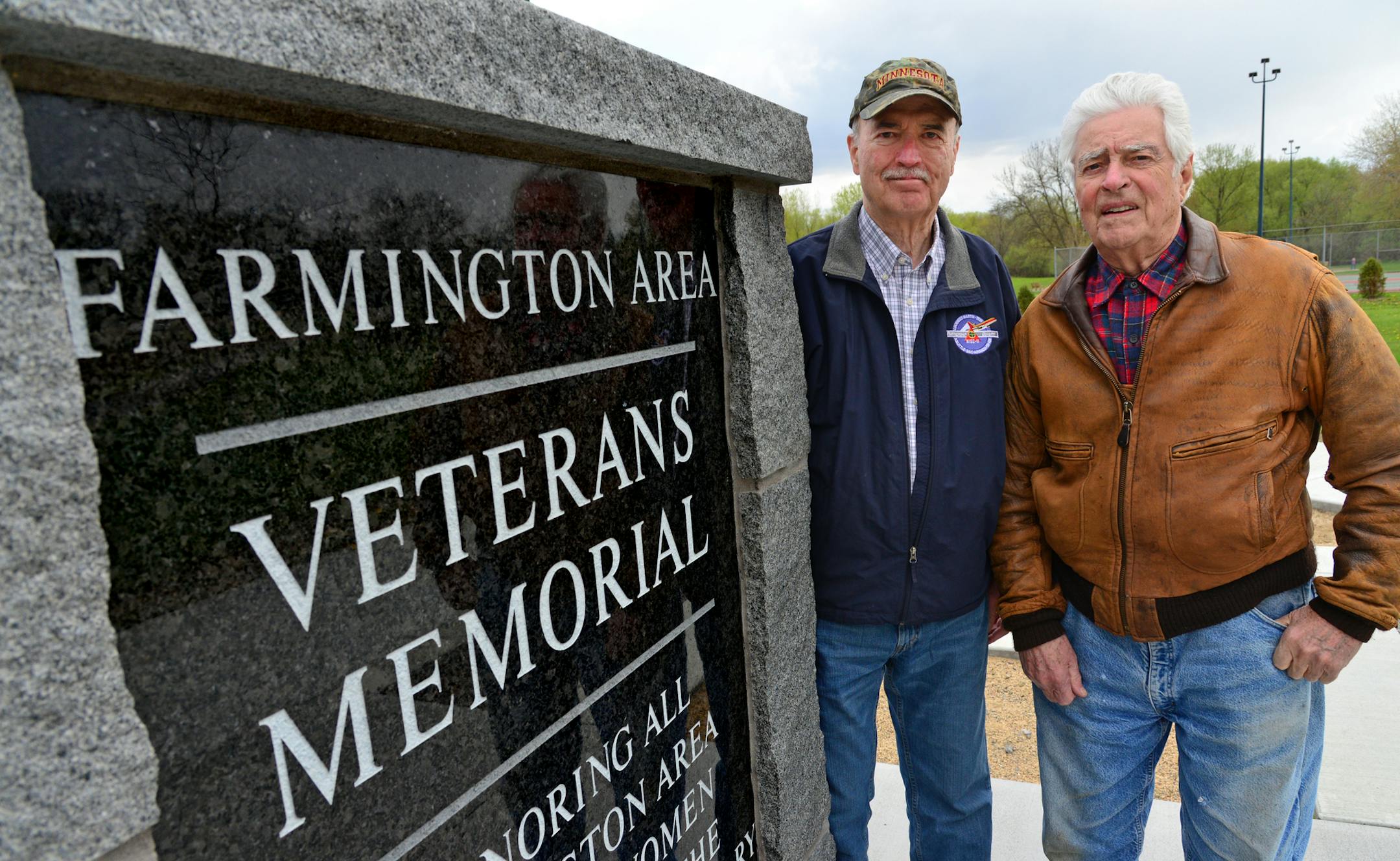 Farmington's veterans memorial is taking shape after years of fundraising and is getting close to being ready for a late July grand opening and dedication. Leon Orr, on the left is one of the chief organizers and Orren Lucht stand near one of the main granite monuments . ]Richard.Sennott@startribune.com Richard Sennott/Star Tribune Farmington Minn. Friday 5/16/2014) ** (cq)