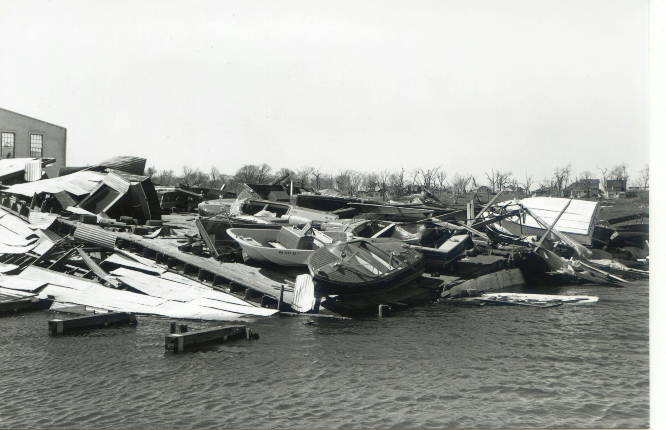 May 6, 1965 tornado damage at Minnetonka Boat Works in Carsons Bay in Deephaven. Courtesy of Excelsior-Lake Minnetonka Historical Society.