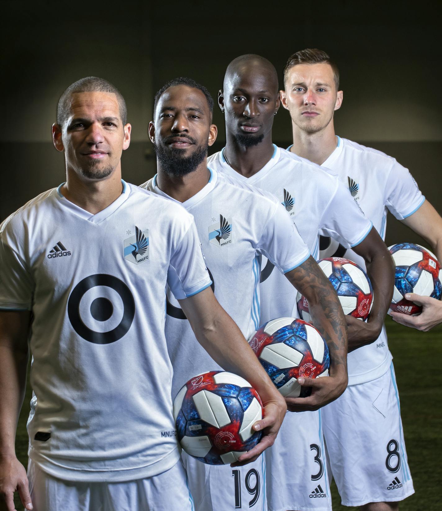 From front to back: Loons midfielder Ozzie Alonso, defender Romain Metanire, defender Ike Opara and midfielder Jan Gregus. ] brian.peterson@startribune.com
Blaine, MN Tuesday, February 26, 2019