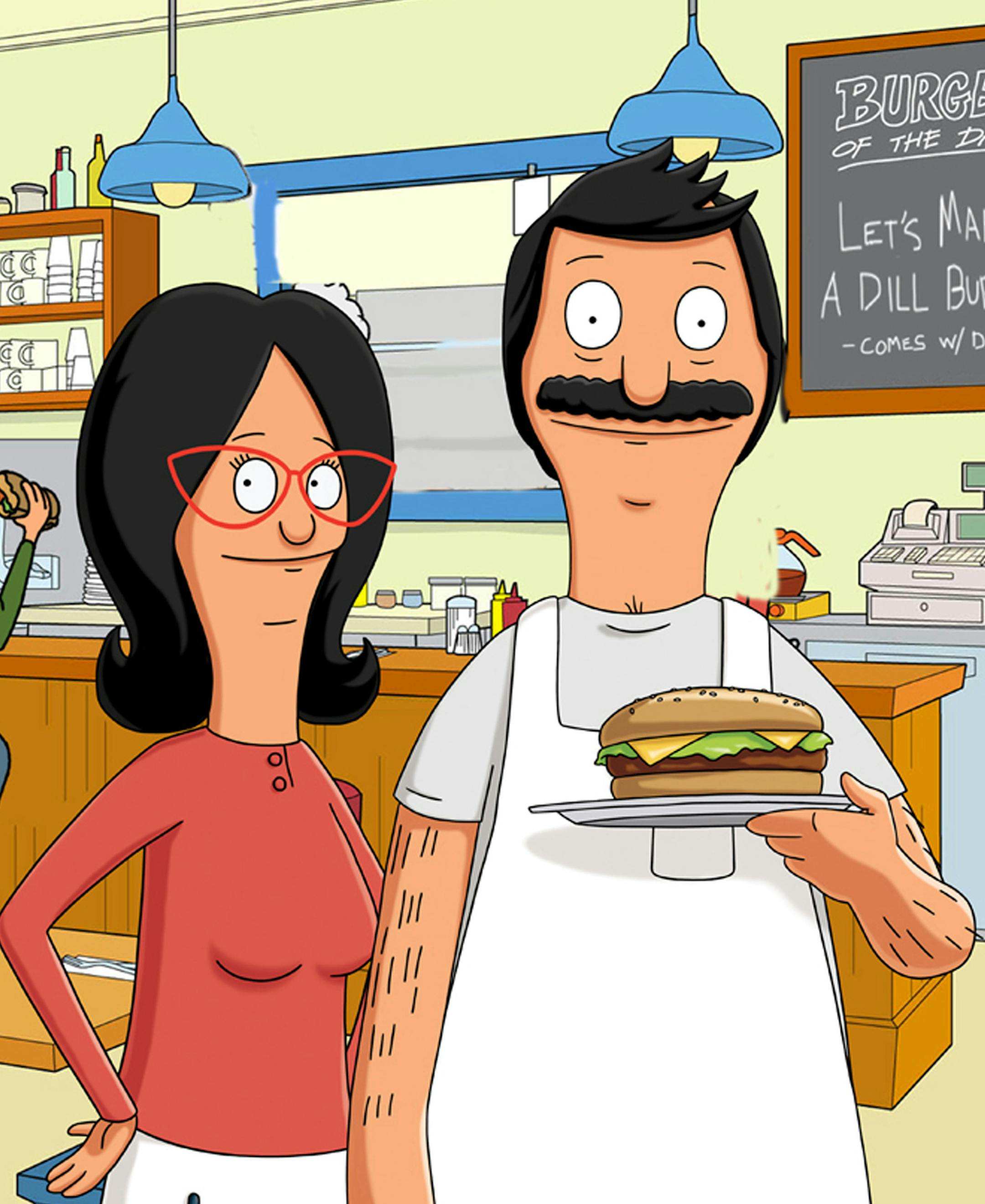 In this TV publicity image released by Fox, Linda Belcher, left, voiced by John Roberts, and Bob Belcher, voiced by H. Jon Benjamin are shown in a scene from the animated series, "Bob's Burgers." (AP Photo/Fox) NO SALES