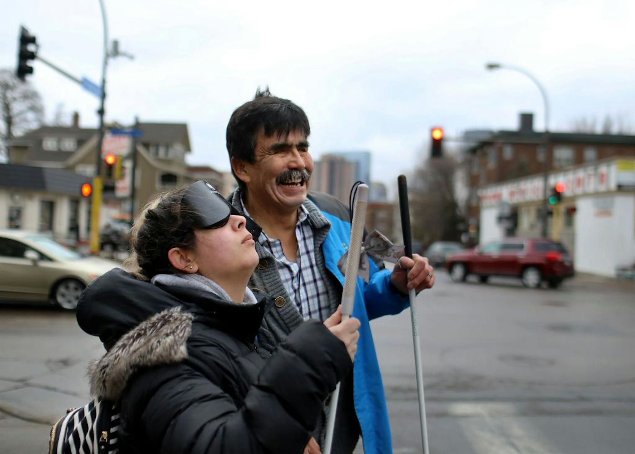 Through a class at Blind, Inc. Angie Castro, 30, is learning to navigate Minneapolis, including crossing busy streets around Blind, Inc. headquarters, near the Minneapolis Art Institute. Castro, front, was out with Mark Erickson, cane travel instructor, familiarizing herself with the city and bus routes Thursday, March 5, 2020, in Minneapolis, MN.