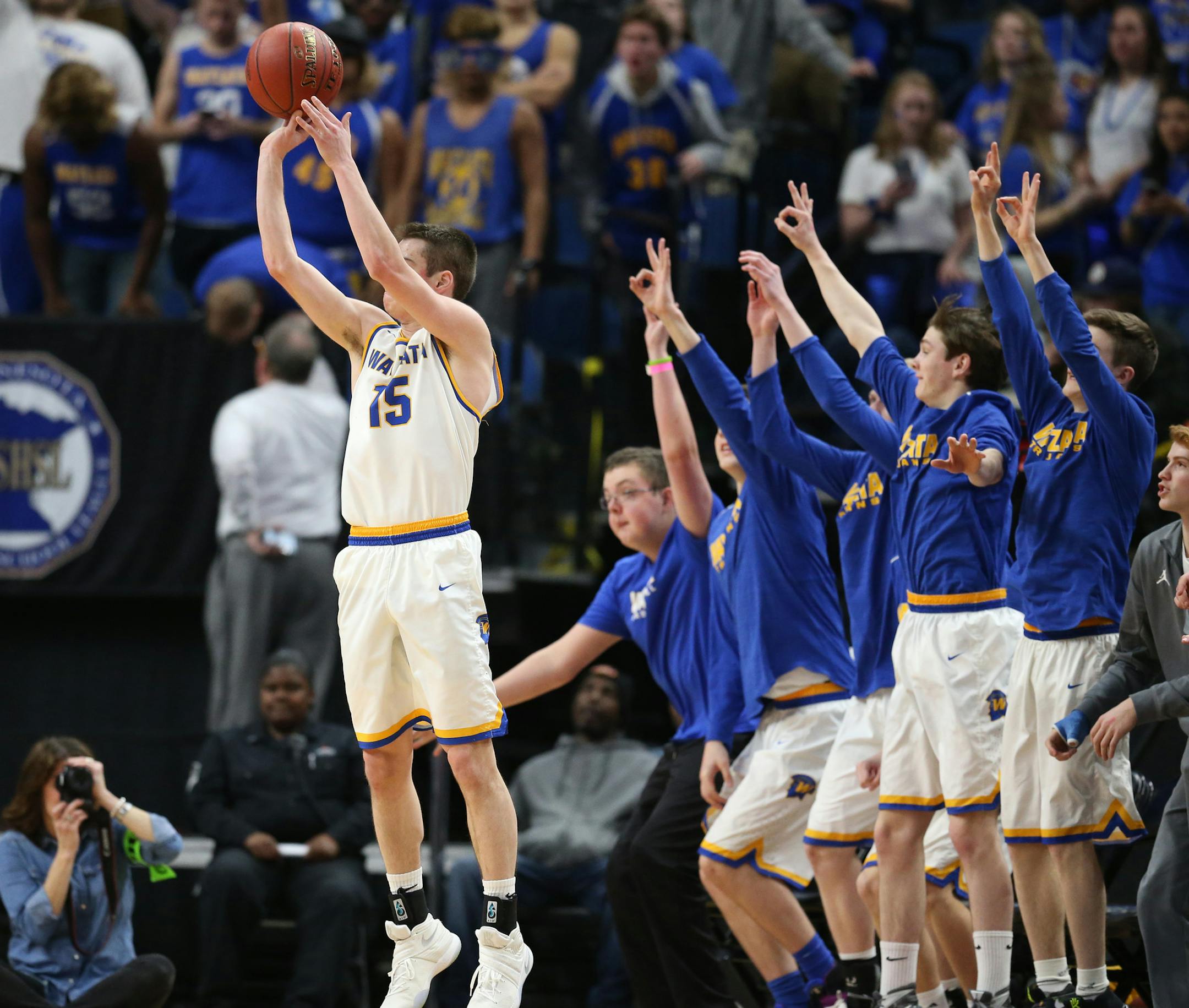 Drew Galinson of Wayzata hit a 3-pointer during quarterfinal class 4A basketball action at Target Center Wednesday March 22 2017 in Minneapolis, MN.] Wayzata beat Lakeville North 69-66. JERRY HOLT &#xef; jerry.holt@startribune.com