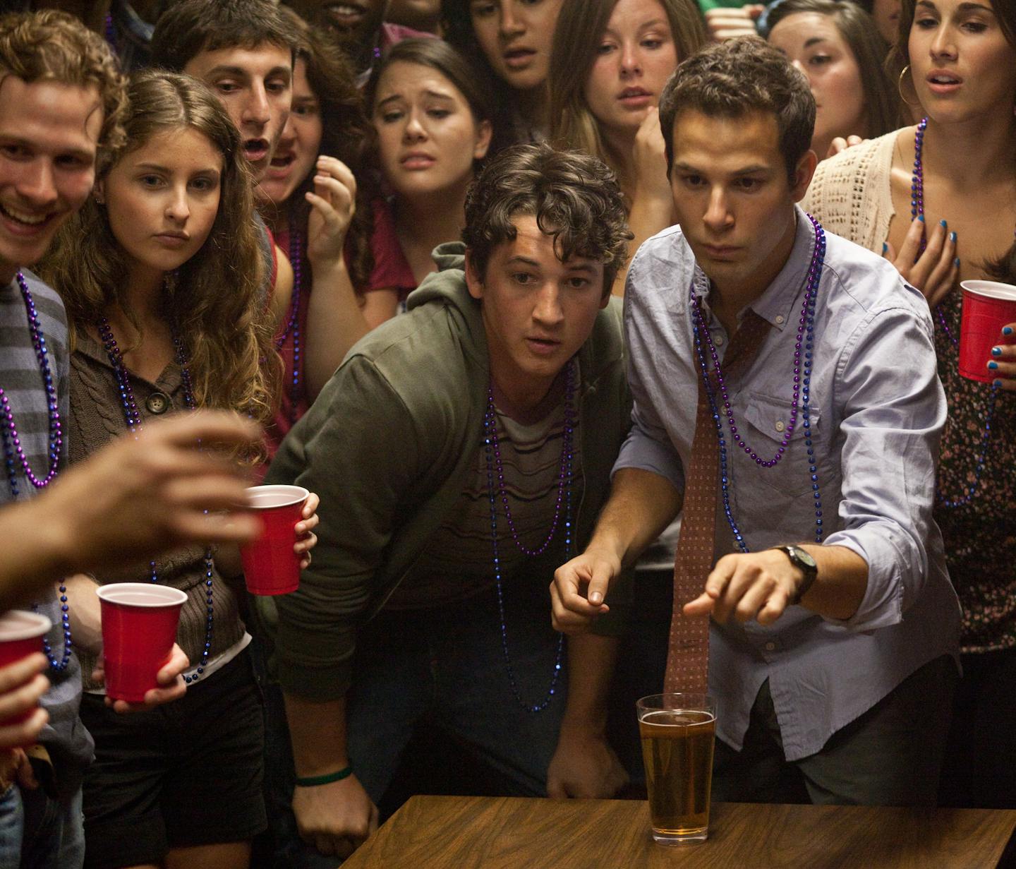 This film image released by Relativity Media shows Miles Teller, center left, and Skylar Astin in a scene from "21 & Over". (AP Photo/Relativity Media, John Johnson) ORG XMIT: MIN2013022712442654