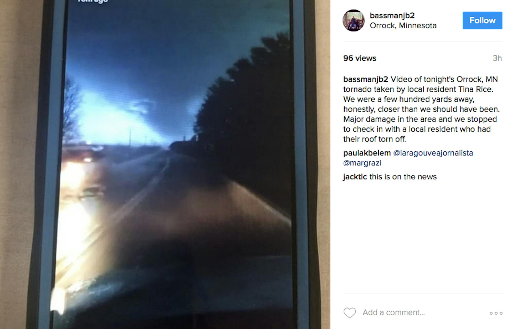 Screen grab from tornado footage near Orrock, Minn.