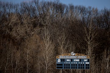 The scoreboard at Chanhassen Storm Stadium in Chanhassen, Minn., on Monday, April 7, 2025.