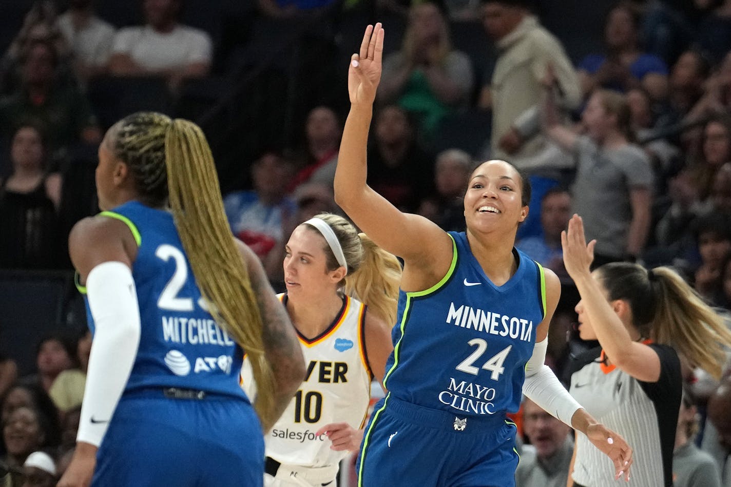 Minnesota Lynx forward Napheesa Collier (24) celebrates after hitting a three point shot in the third quarter of a WNBA game between the Minnesota Lynx and the Indiana Fever Friday, June 9, 2023 at the Target Center in Minneapolis. ] ANTHONY SOUFFLE • anthony.souffle@startribune.com