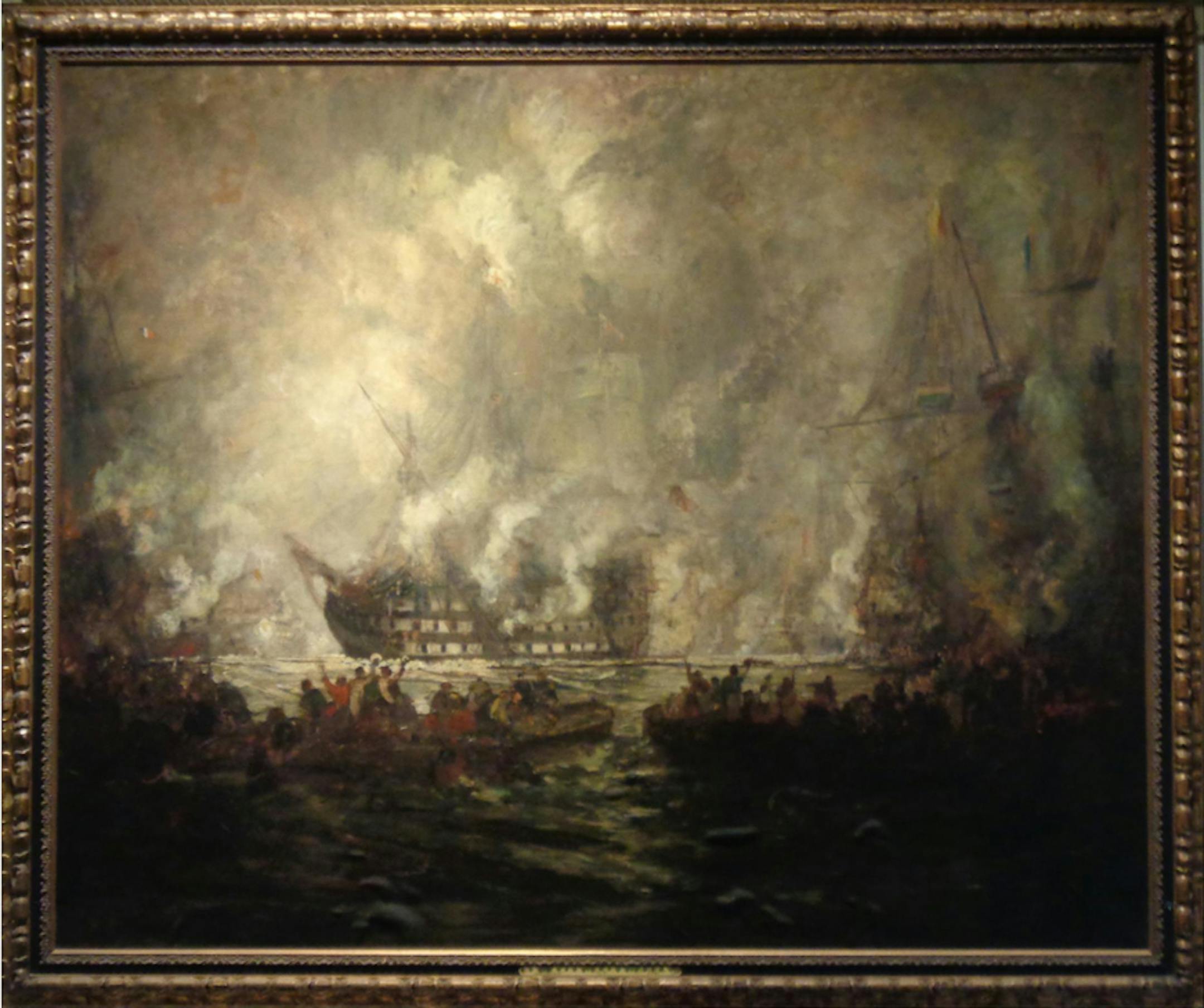 The Battle of Trafalgar was painted around 1900 by Scottish artist James Kay. It was donated to the University of Minnesota in 1996 by businessman Rodney Wallace and has been hanging in Burton Hall.
