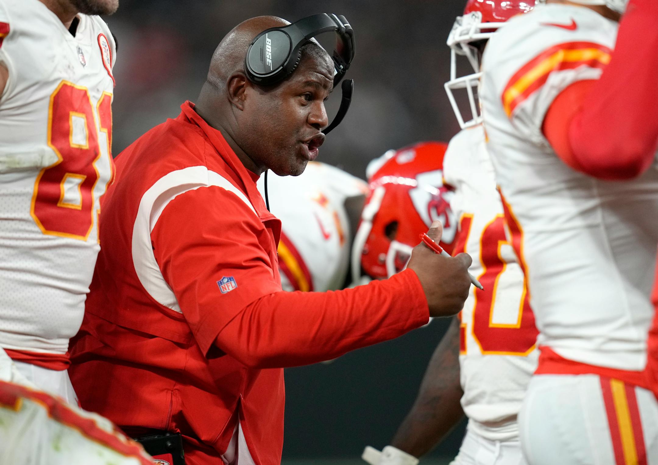 Kansas City Chiefs offensive coordinator Eric Bieniemy is seen on the sideline during an NFL football game against the Las Vegas Raiders, Sunday, Nov. 14, 2021, in Las Vegas. (AP Photo/Jeff Bottari)