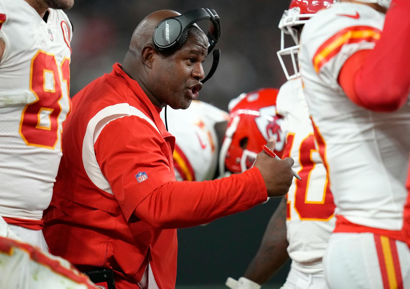 Kansas City Chiefs offensive coordinator Eric Bieniemy is seen on the sideline during an NFL football game against the Las Vegas Raiders, Sunday, Nov. 14, 2021, in Las Vegas. (AP Photo/Jeff Bottari)