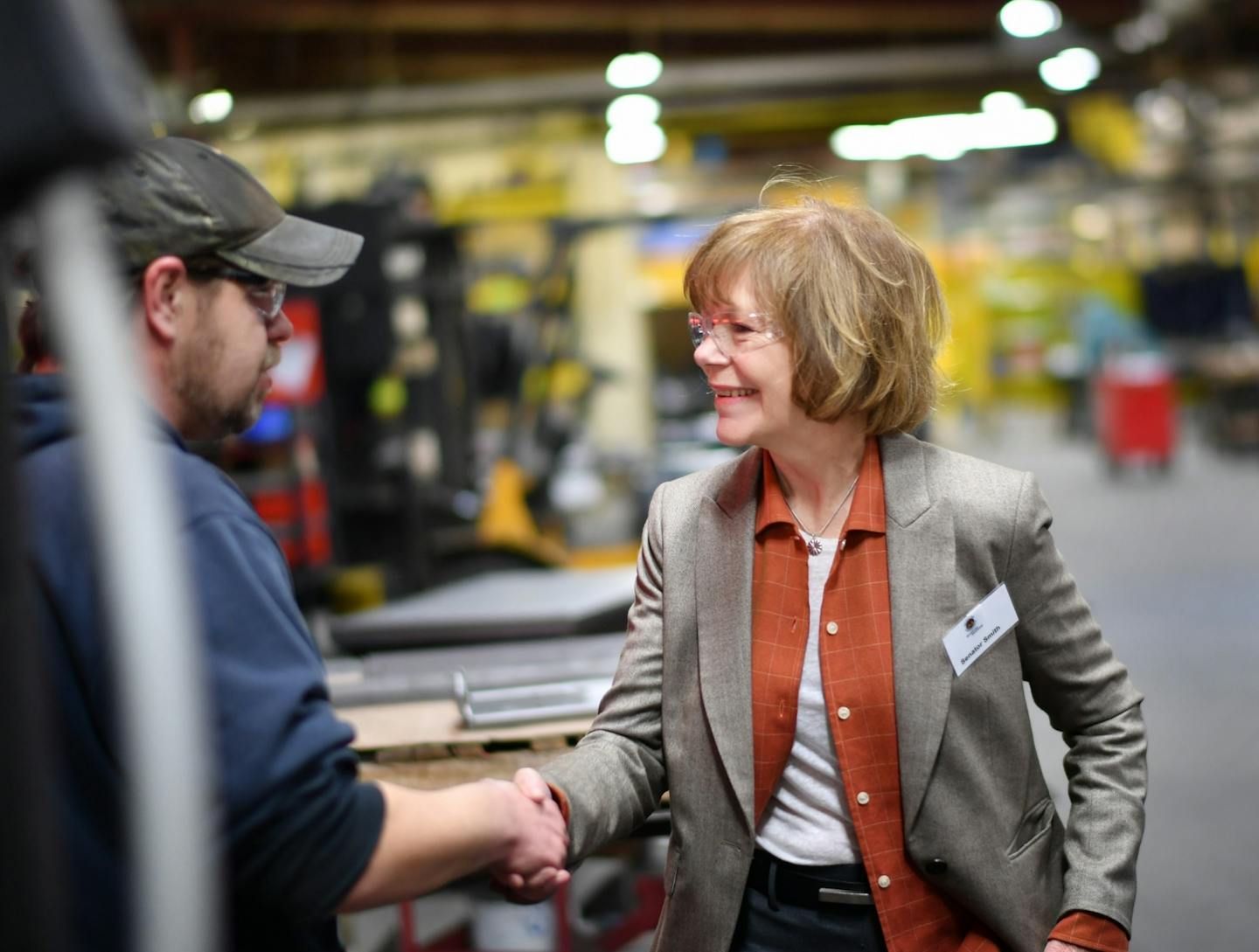 Sen. Tina Smith shook hands with a worker at Wyoming Machine. Smith made her first home-state public appearance as a U.S. senator on Friday, at Wyoming Machine in Stacy where she toured the facility, met with business owners, local educators and others to talk about workforce shortages in Minnesota.