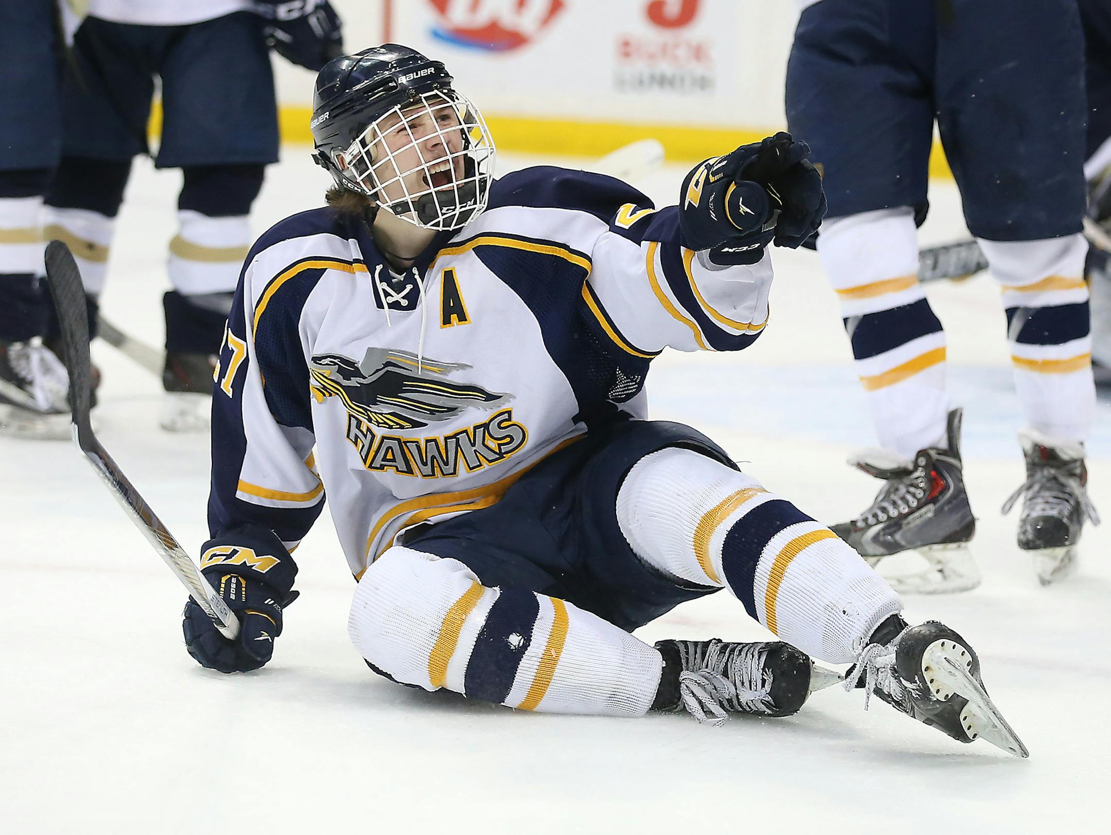 Germantown's Cole Koepke celebrated after he made a goal passed St. Paul Academy's Andrew Beran during the first period of the Class 1A boys' hockey semifinals, Friday, March 4, 2016 at Xcel Energy Center in St. Paul, MN. ] (ELIZABETH FLORES/STAR TRIBUNE) ELIZABETH FLORES • eflores@startribune.com