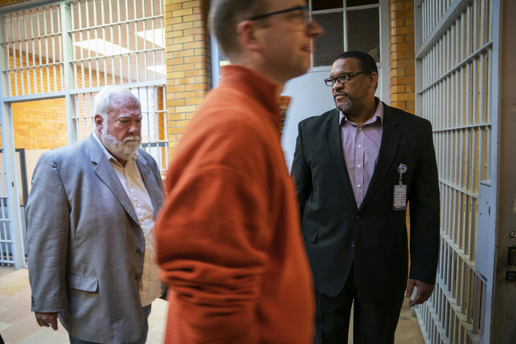 Stillwater prison Warden Eddie Miles, right, led state Reps. Jack Considine Jr., left, and Brad Tabke, center, on a tour of the prison last month.
