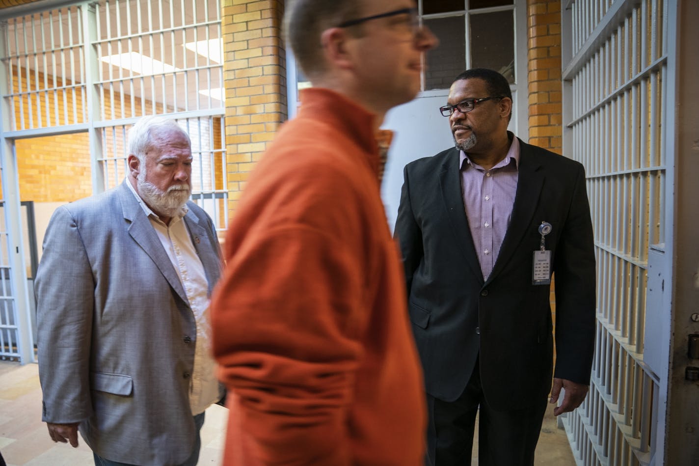 Stillwater prison Warden Eddie Miles, right, led state Reps. Jack Considine Jr., left, and Brad Tabke, center, on a tour of the prison last month.