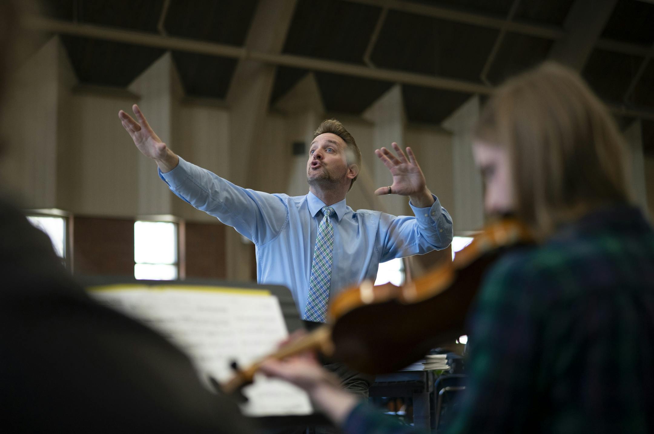 Brock Besse conducted a rehearsal with the Rochester Pops Orchestra at Bethel Lutheran Church in Rochester. ] JEFF WHEELER • jeff.wheeler@startribune.com Brock Besse starts up new orchestras wherever he lands. First that was in Albert Lea, and now it's in Rochester, where he launched the Rochester Pops Orchestra. The band rehearsed ahead of their last concert of the season on Sunday afternoon, April 14, 2019 at Bethel Lutheran Church in Rochester.