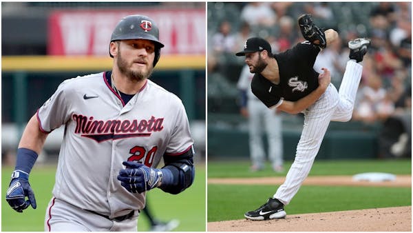 The Twins’ Josh Donaldson (left) belted a two-run homer in the first inning, and White Sox righthander Lucas Giolito didn’t care much for his post