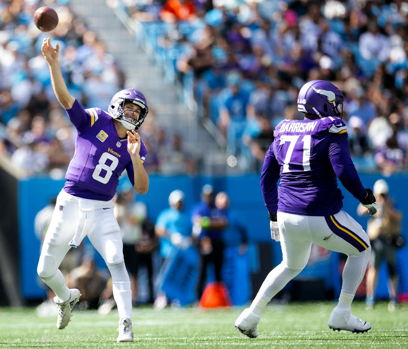 Minnesota Vikings quarterback Kirk Cousins (8) throws a 30-yard touchdown pass to Justin Jefferson (18) in the third quarter Sunday, October 1, 2023, at Bank of America Stadium in Charlotte, NC. ] CARLOS GONZALEZ • carlos.gonzalez@startribune.com