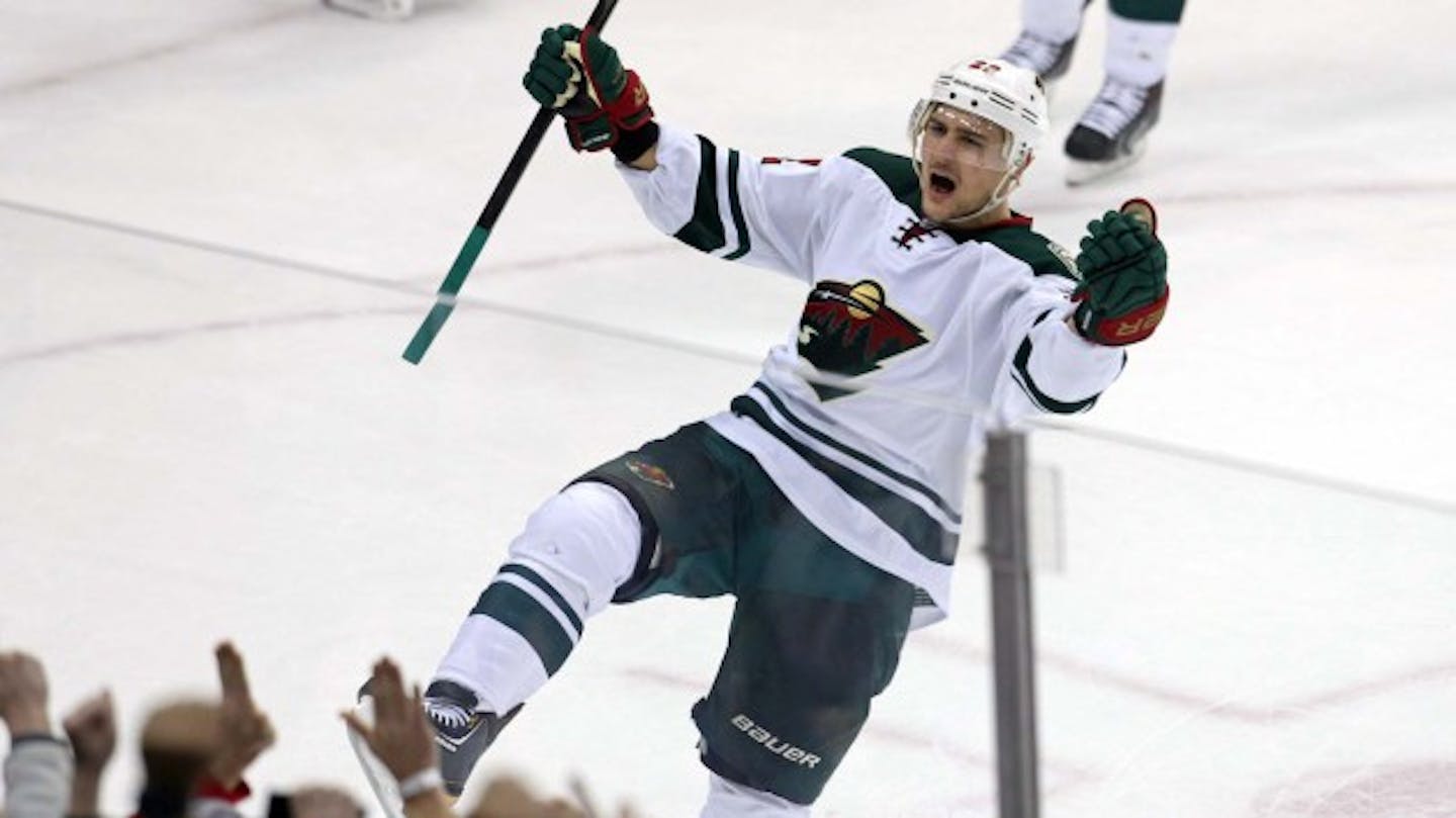 Thursday, February 6: Minnesota Wild forward Nino Niederreiter celebrates his game-winning goal in overtime against the Nashville Predators.