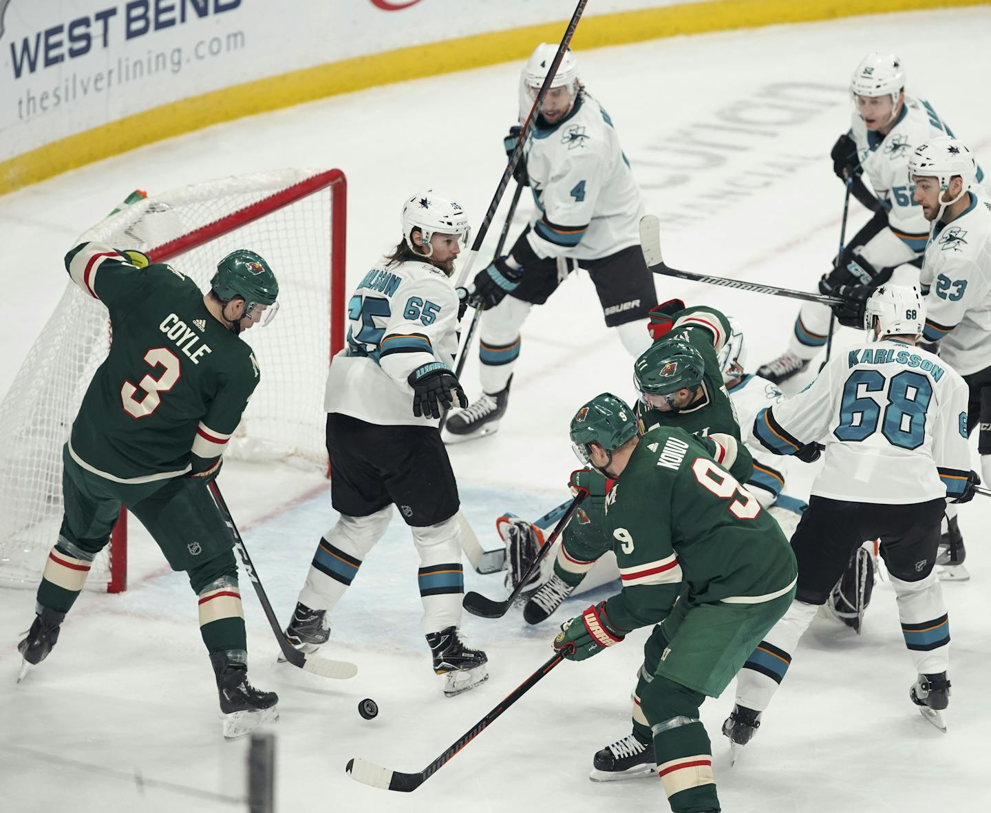 Failed whacks at the puck by (from left) Charlie Coyle, Mikko Koivu and Zach Parise summed up the Wild's frustration Tuesday.