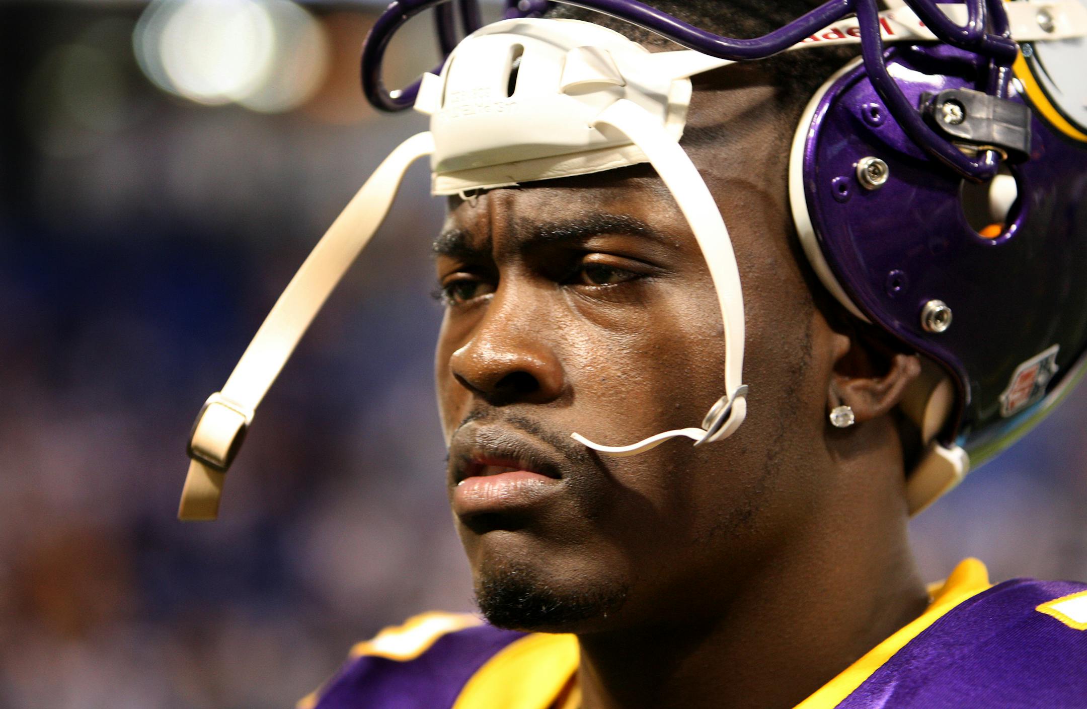 Vikings quarterback Tarvaris Jackson (7) walked off the field at the end of the game. Indianapolis beat Minnesota by a final score of 18-15.