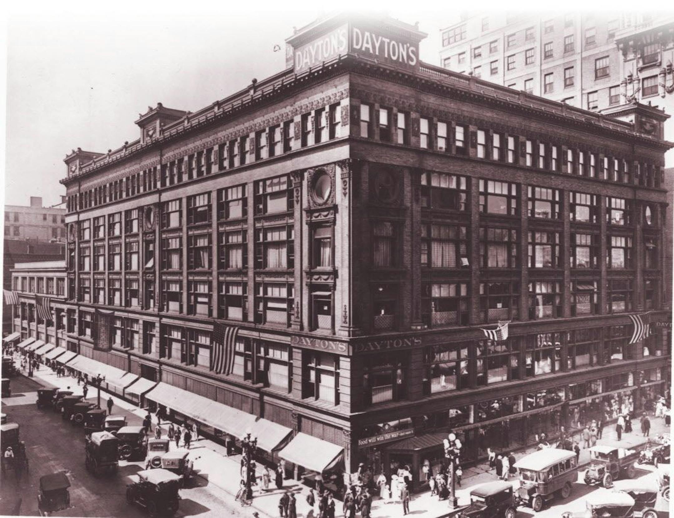The original Dayton's building was built in 1902 in downtown Minneapolis. This undated photo appears to have been taken during World War I (1917-18).