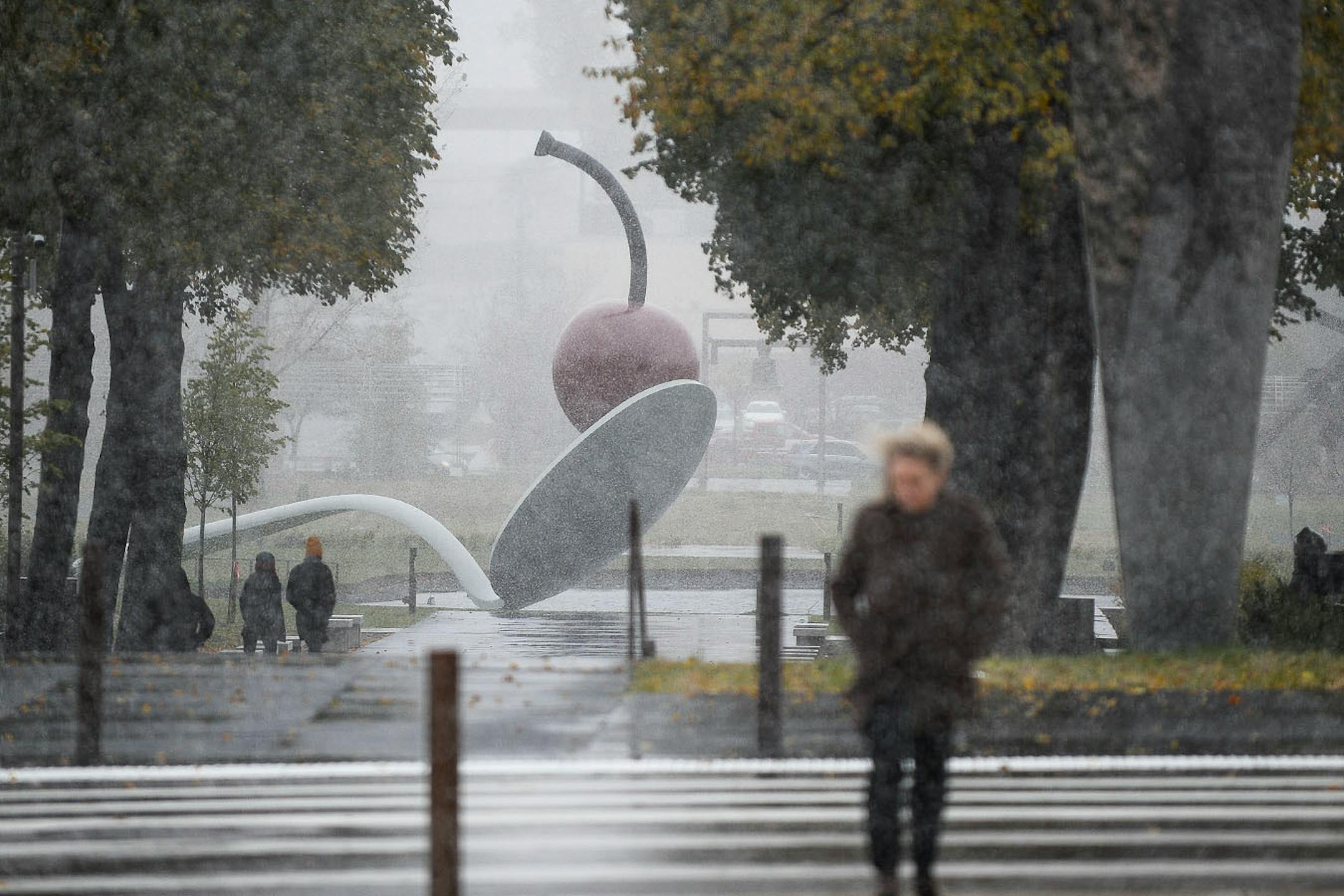 Snow fell on Spoonbridge and Cherry at the Minneapolis Sculpture Garden Friday, Oct.27, 2017 in Minneapolis, Minn.