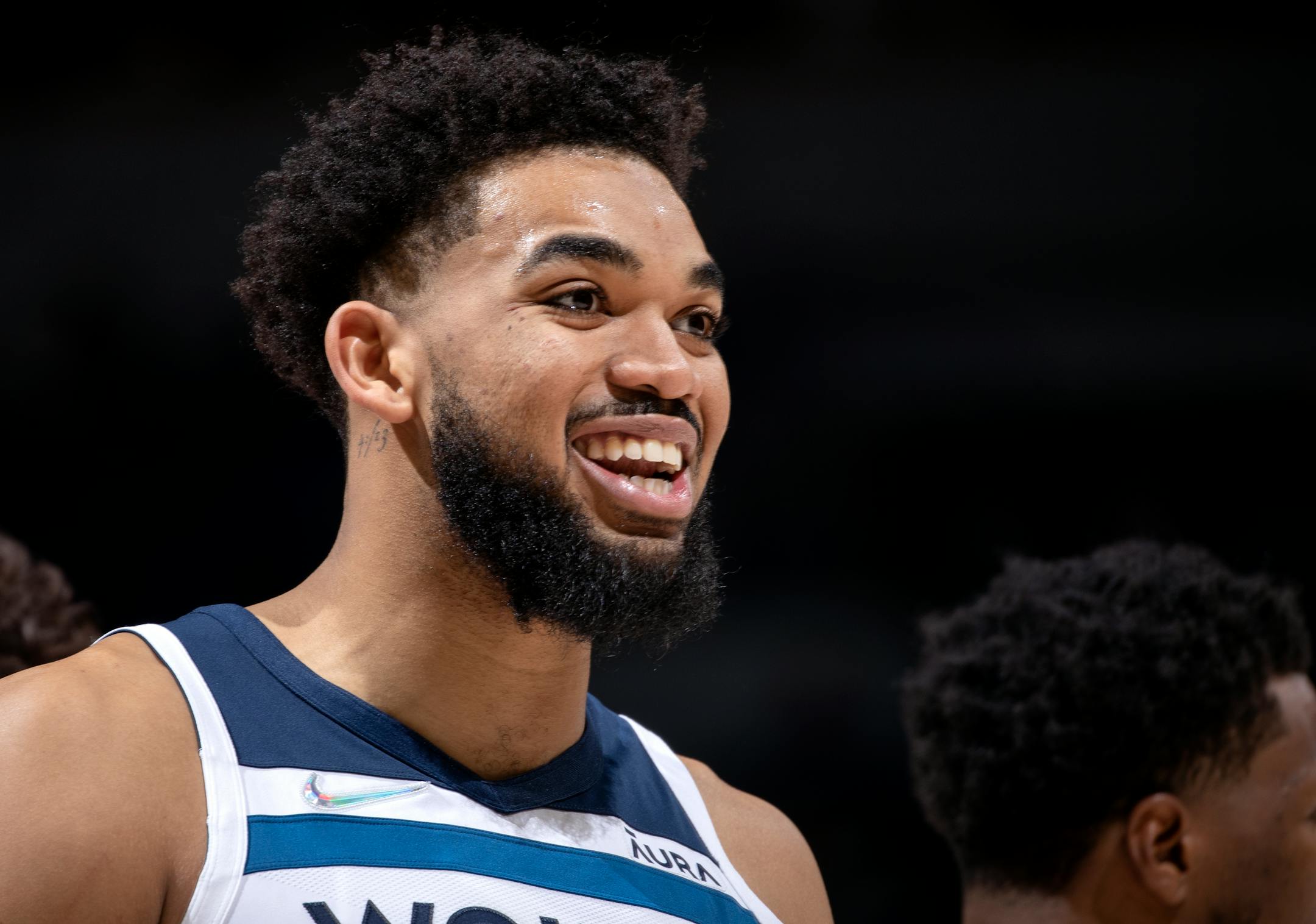 Karl Anthony-Towns (32) of the Minnesota Timberwolves smiles in the second quarter.