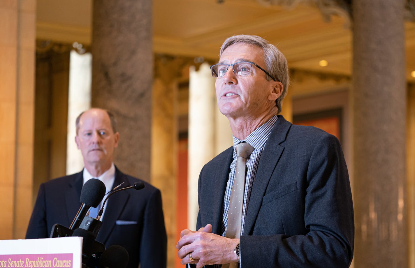 Sen. Scott Jensen, R-Chaska was the Senate sponsor of the insulin affordability bill. He spoke Tuesday at a press conference with Senate Majority Leader Paul Gazelka, R-Baxter, left. ] GLEN STUBBE &#x2022; glen.stubbe@startribune.com Tuesday, April 14, 2020