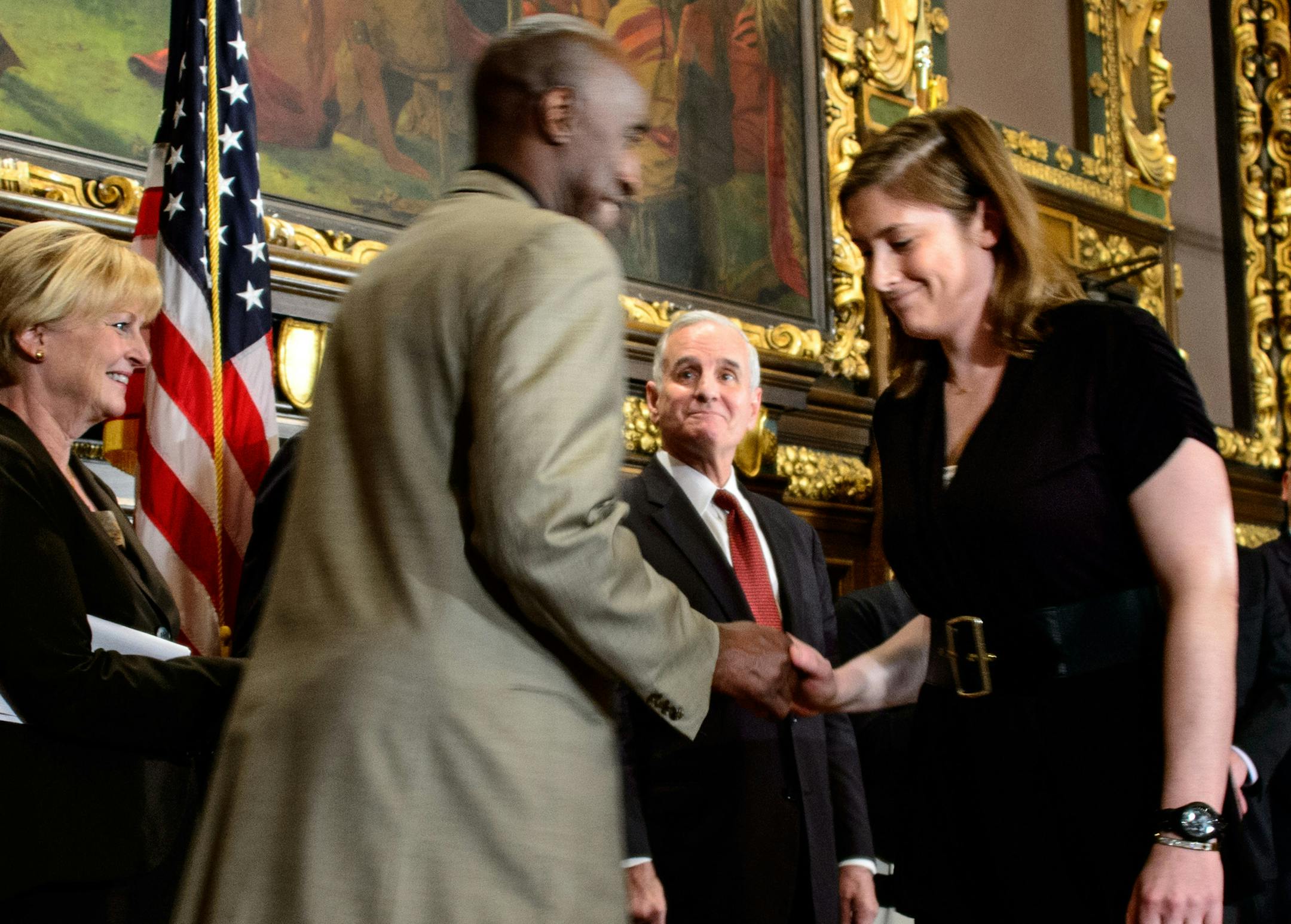 Lindsay Whalen and Trent Tucker are honorary co-chairs in the bid to bring the final four to Minnesota. Gov. Mark Dayton, Minnesota business leaders and sports celebrities announced Minnesota's bid for the Final Four at a state Capitol. Tuesday, June 3, 2014 ] GLEN STUBBE * gstubbe@startribune.com