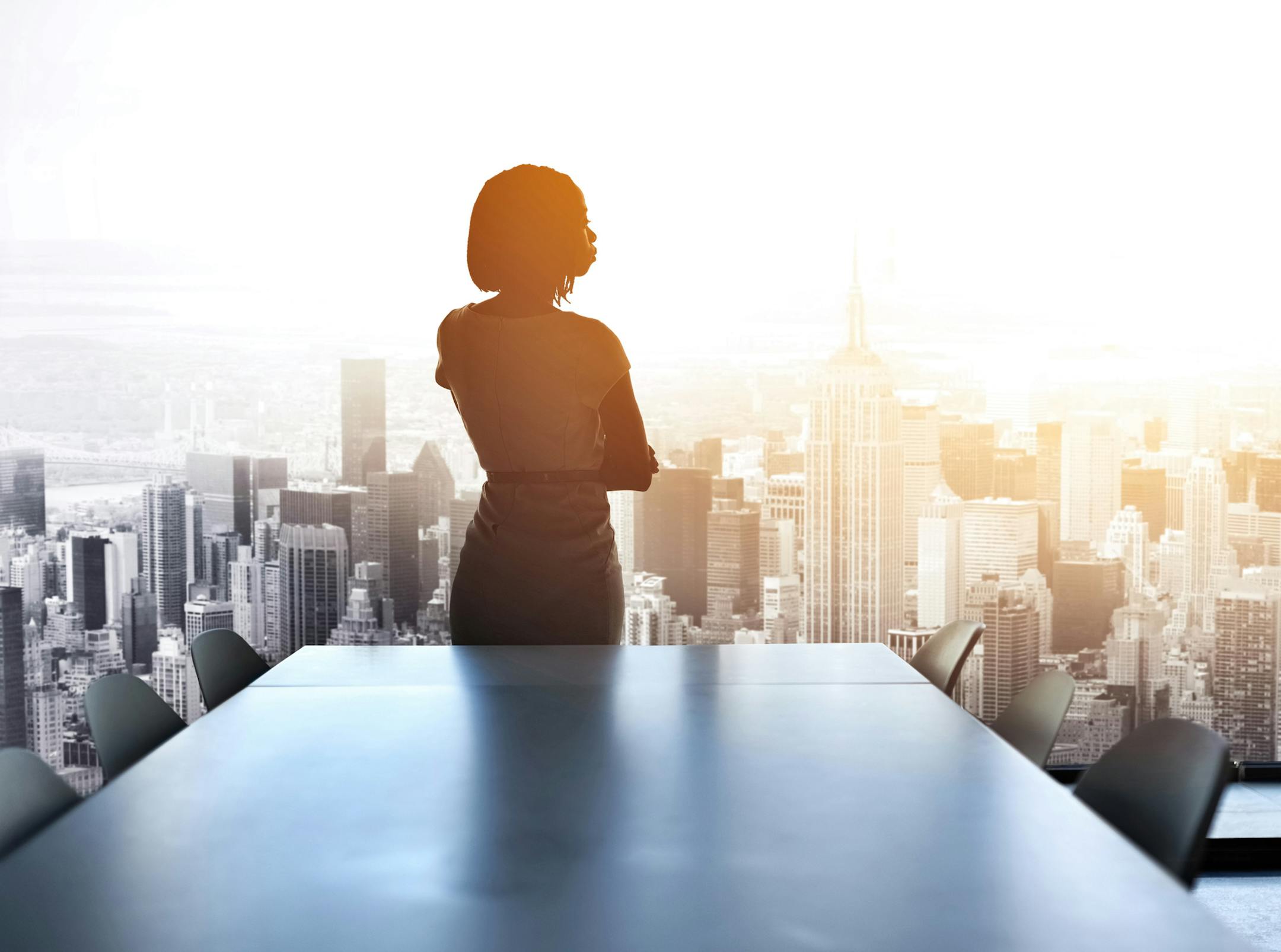 Rearview shot of a young businesswoman looking out from a large window in the office