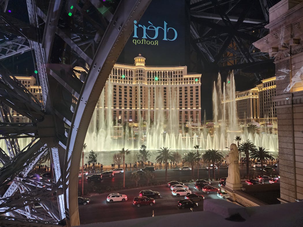 A view of the famous Bellagio fountains from Cheri rooftop bar at Paris Las Vegas.