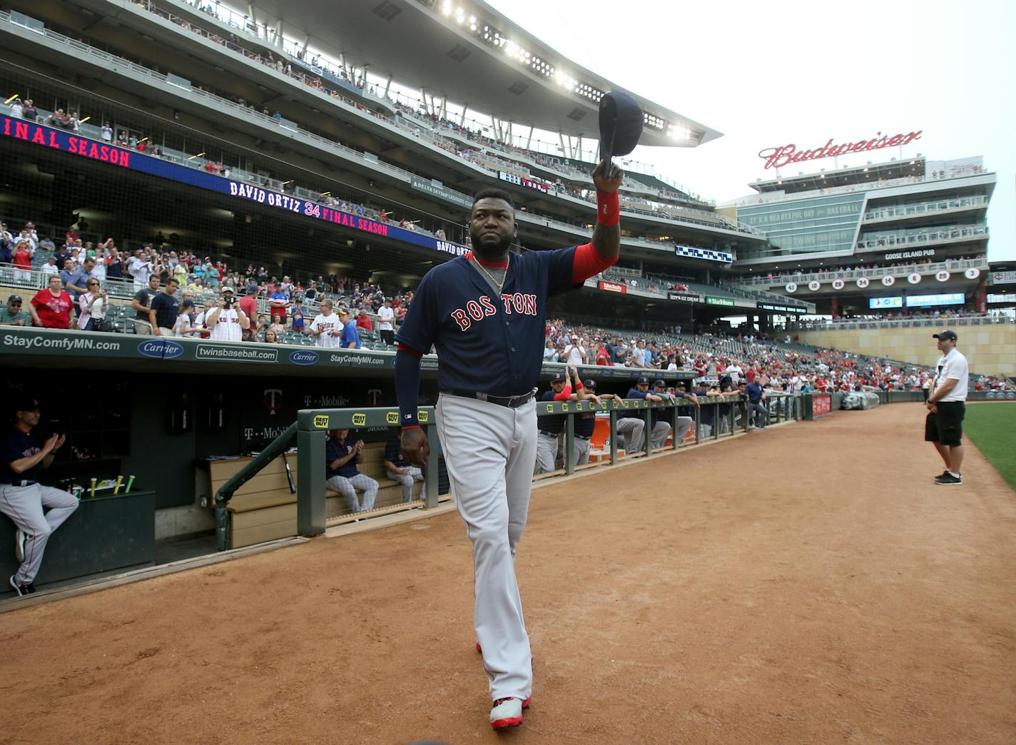 During a pre-game ceremony honoring Boston Red Sox and former Minnesota Twin David Ortiz, Ortiz tips his hat to fans before squaring off against his old team Friday, June 10, 2016, at Target Field in Minneapolis, MN.](DAVID JOLES/STARTRIBUNE)djoles@startribune Minnesota Twins versus Boston Red Sox