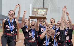 Rocori’s players celebrate their 9-3 win over Byron in the Class 3A softball championship game Friday at Jane Sage Cowles Stadium.