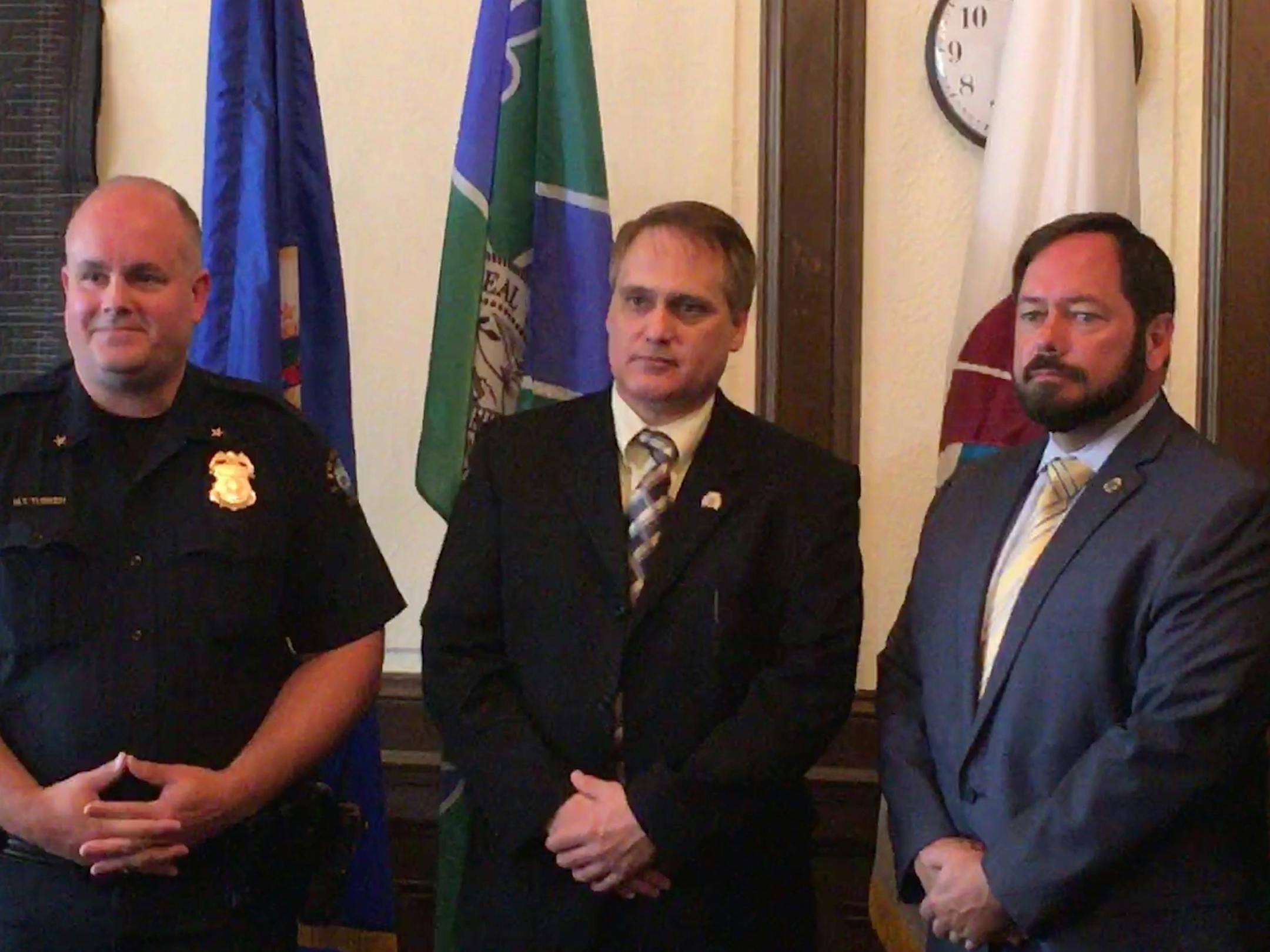 Duluth Police Chief Mike Tusken, DEA Special Agent in Charge Richard Salter Jr. and DEA Special Agent in Charge Kenneth Solek look on during a news conference announcing ramped up efforts to combat drug traffickers in the Duluth area.