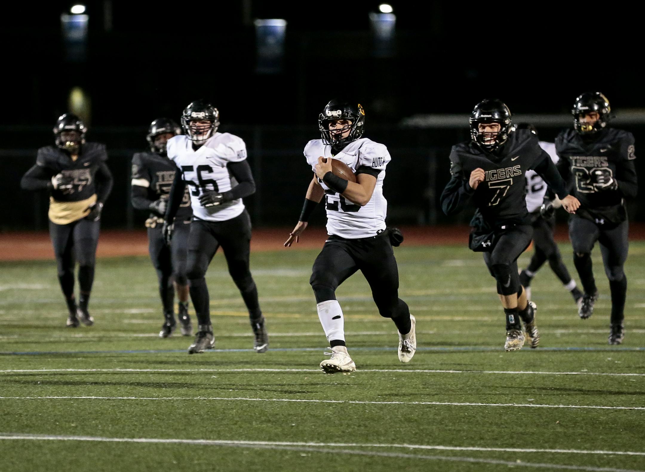 A key to Hutchinson's chances against SMB in the battle of Class 4A unbeatens is the running of Tyler Schiller (20), who has amassed 576 yards in three playoff games. Photo by Cheryl A. Myers, SportsEngine