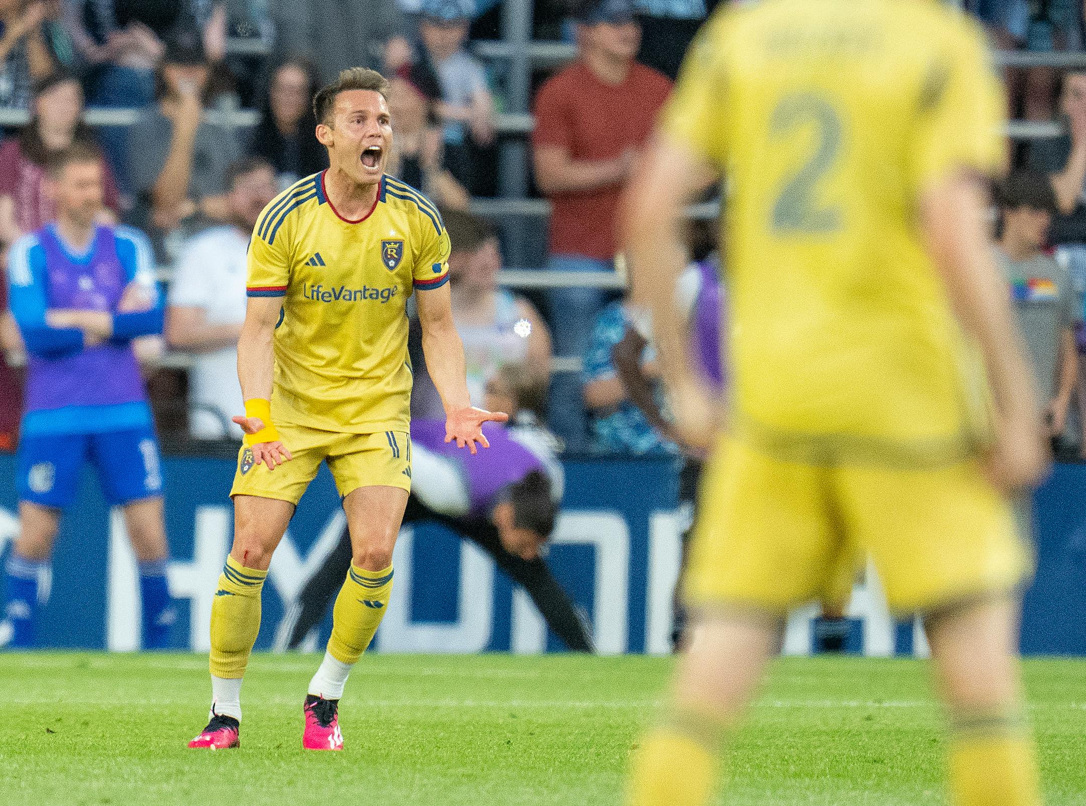 Real Salt Lake forward Danny Musovski (17) yells at the official after not receiving a foul call against Minnesota United in the first half.