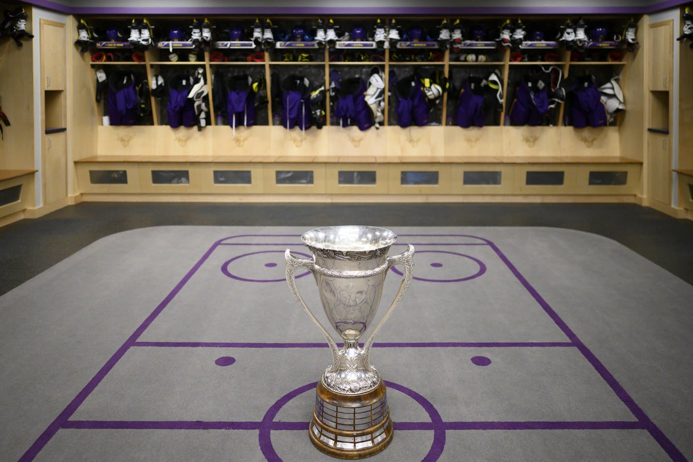 The MacNaughton Cup, which MSU Mankato won as the regular season WCHA champions, sat in the empty locker room Friday night. ] Aaron Lavinsky • aaron.lavinsky@startribune.com Followup on the aftermath of NCAA tournament hockey photographed Friday, March 13, 2020 at Mankato Civic Center in Mankato, Minn..