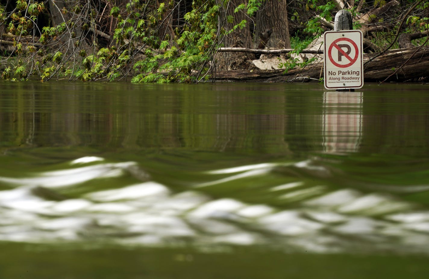 FILE-Water submerged the sign pole for a no parking sign as water rushed over flooded roadway to Picnic Island at Fort Snelling State Park, where a wet spring has closed the park until at least July because of flood damage. Gov. Tim Walz is requesting a presidential disaster declaration for spring storms that caused nearly $40 million in damage to infrastructure across Minnesota.