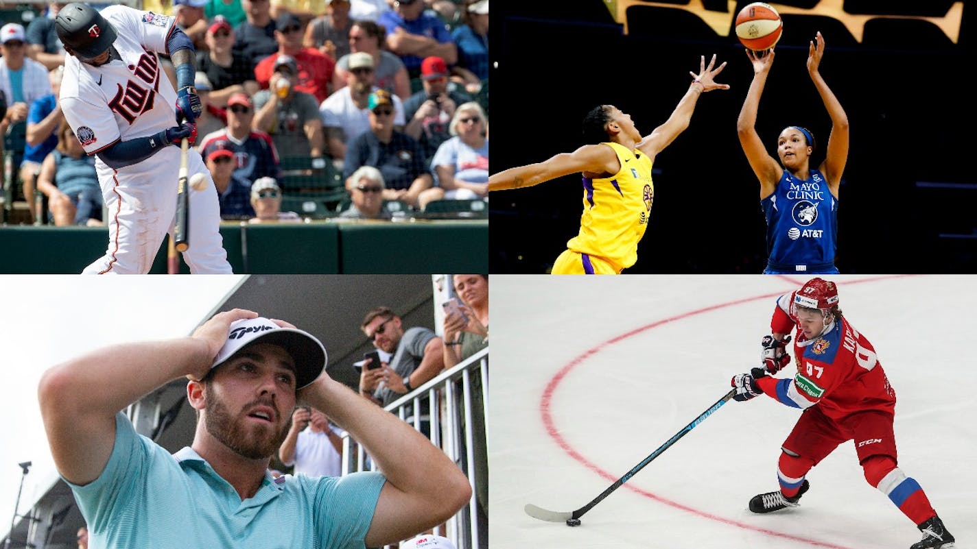 With any luck, sports fans will soon be able to watch (clockwise, from top left) the Twins' Miguel Sano, the Lynx's Napheesa Collier, golfer Matthew Wolff and Wild prospect Kirill Kaprisov doing what they do best.