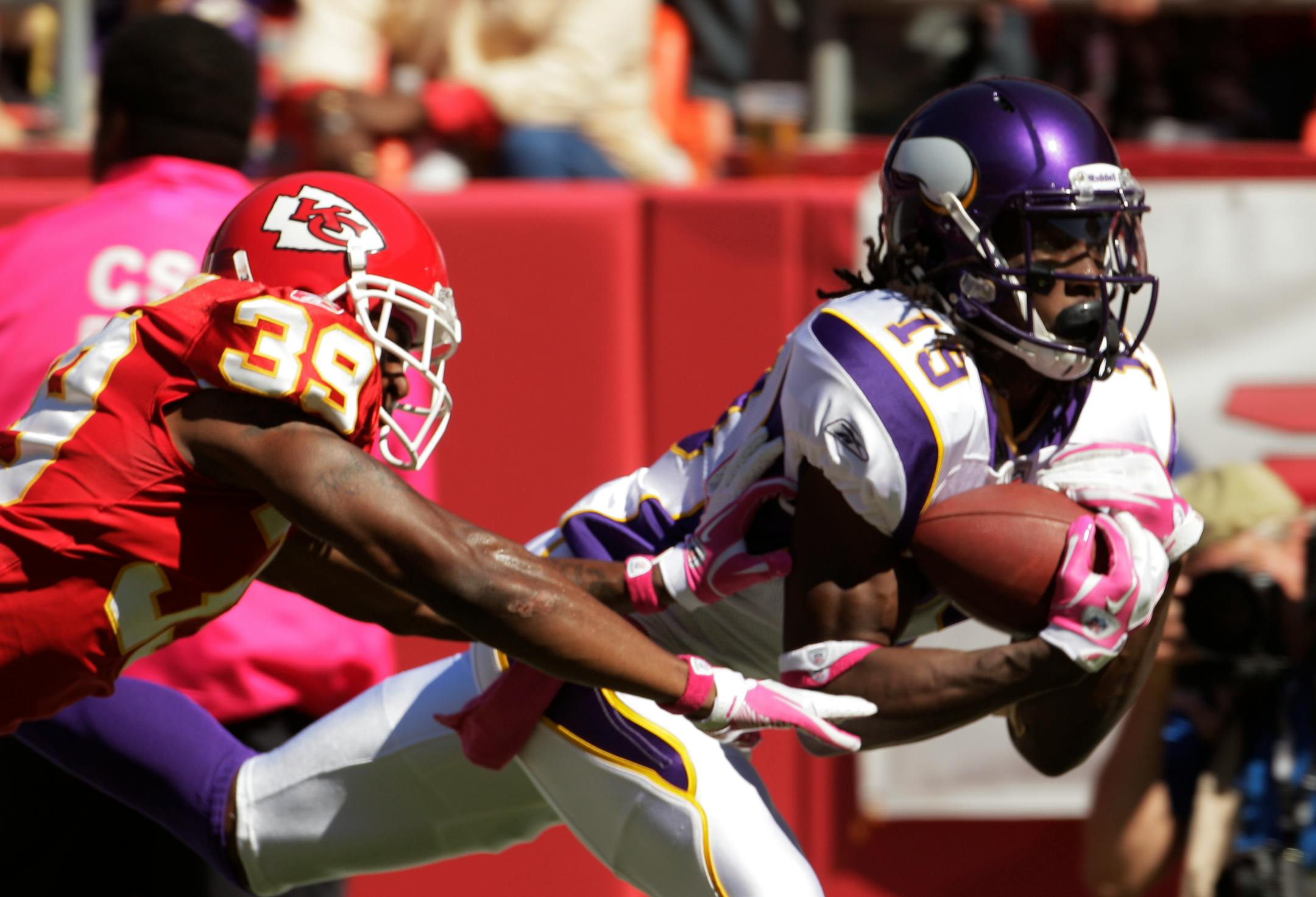Vikings receiver Devin Aromashodu beat the Chiefs for a 34-yard touchdown reception. The bad news is that is the Vikings' longest TD catch this season by 26 yards.
