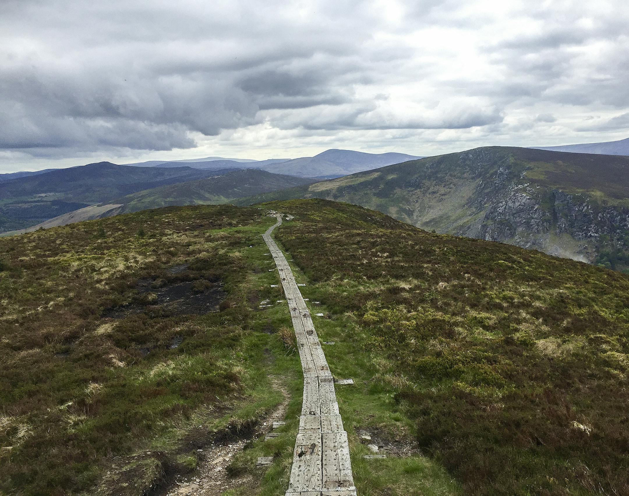 The Wicklow Way, the oldest marked trail in Ireland, crosses the Wicklow Mountains near Lough Tay.