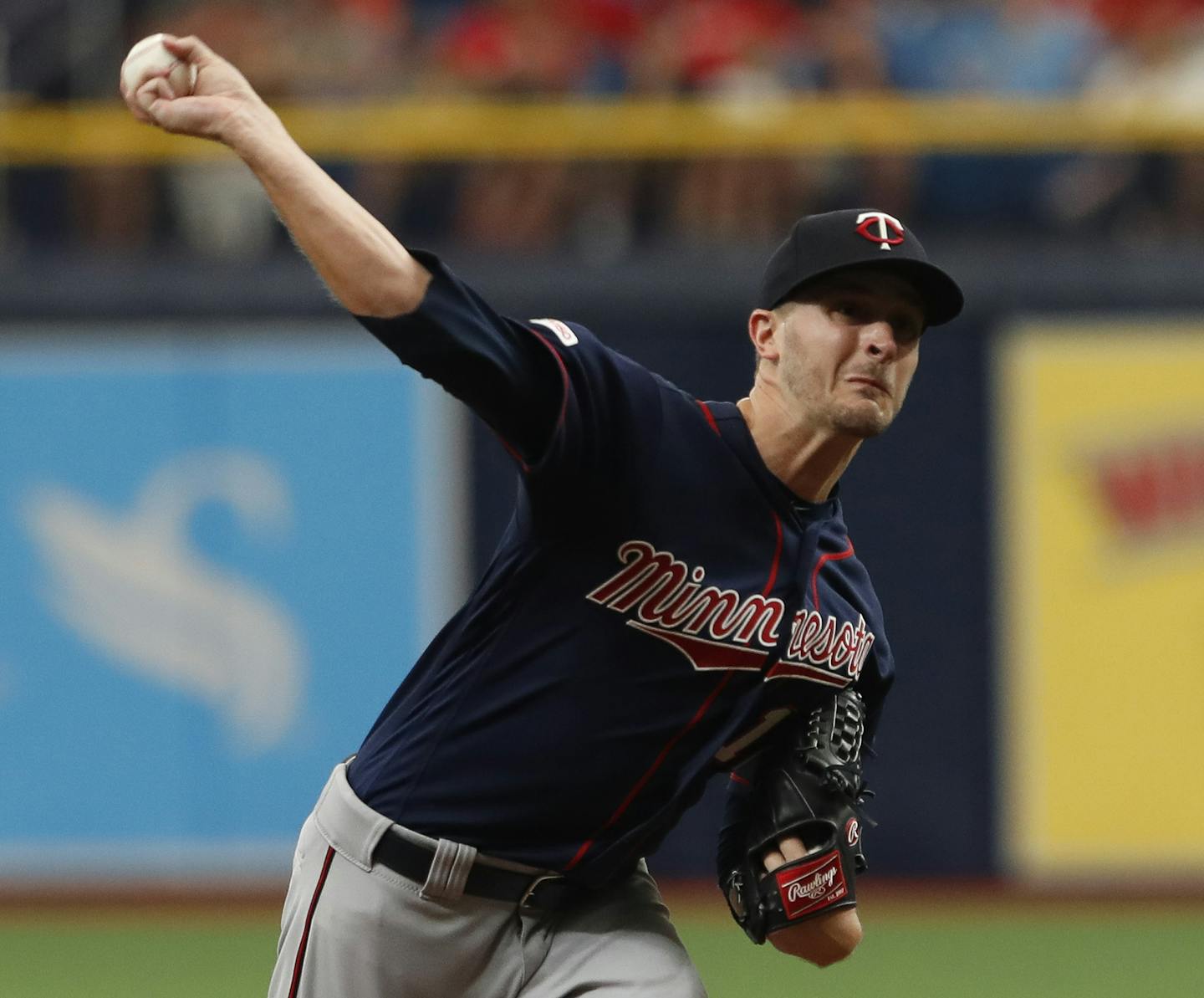 Minnesota Twins pitcher Jake Odorizzi throws against the Tampa Bay Rays during the first inning of a baseball game Sunday, June 2, 2019, in St. Petersburg, Fla. (AP Photo/Scott Audette)