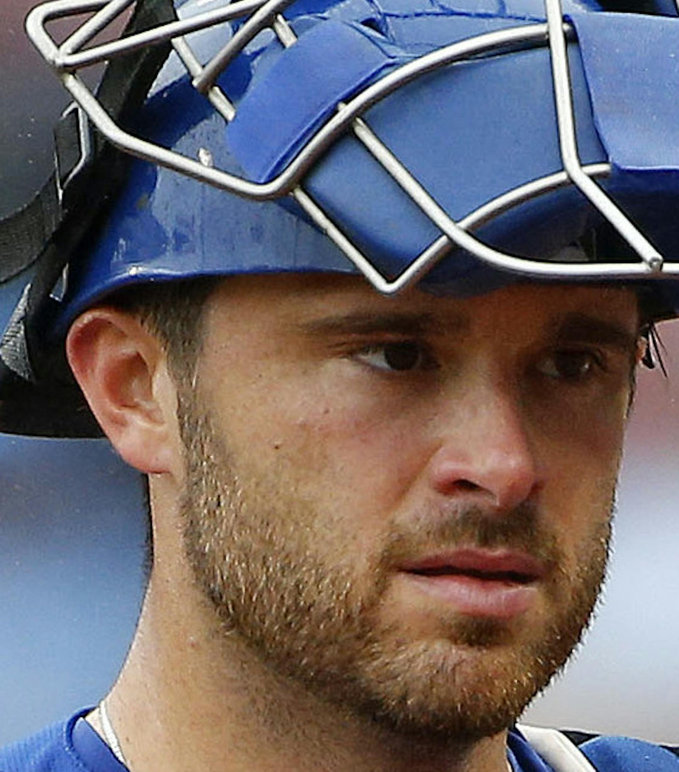 Kansas City Royals catcher Drew Butera during the sixth inning of a baseball game against the Boston Red Sox at Fenway Park in Boston Sunday, Aug. 23, 2015. (AP Photo/Winslow Townson) ORG XMIT: BXF10