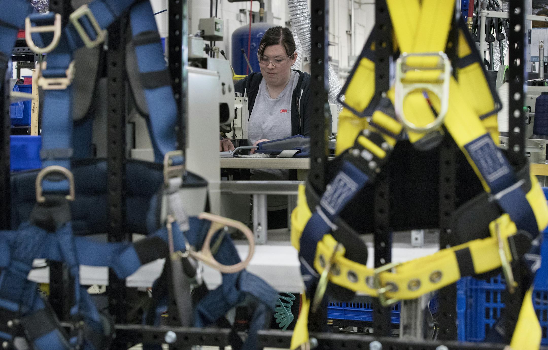 Samantha Engnes a harness inspector a 3M assembled a harness Thursday March 3, 2017 in Red Wing, MN.] 3M are manufacturing a new line of self-release worker harnesses. The product lets any trapped construction worker safely repel down from a building, scaffold, crane etc. JERRY HOLT • jerry.holt@startribune.com