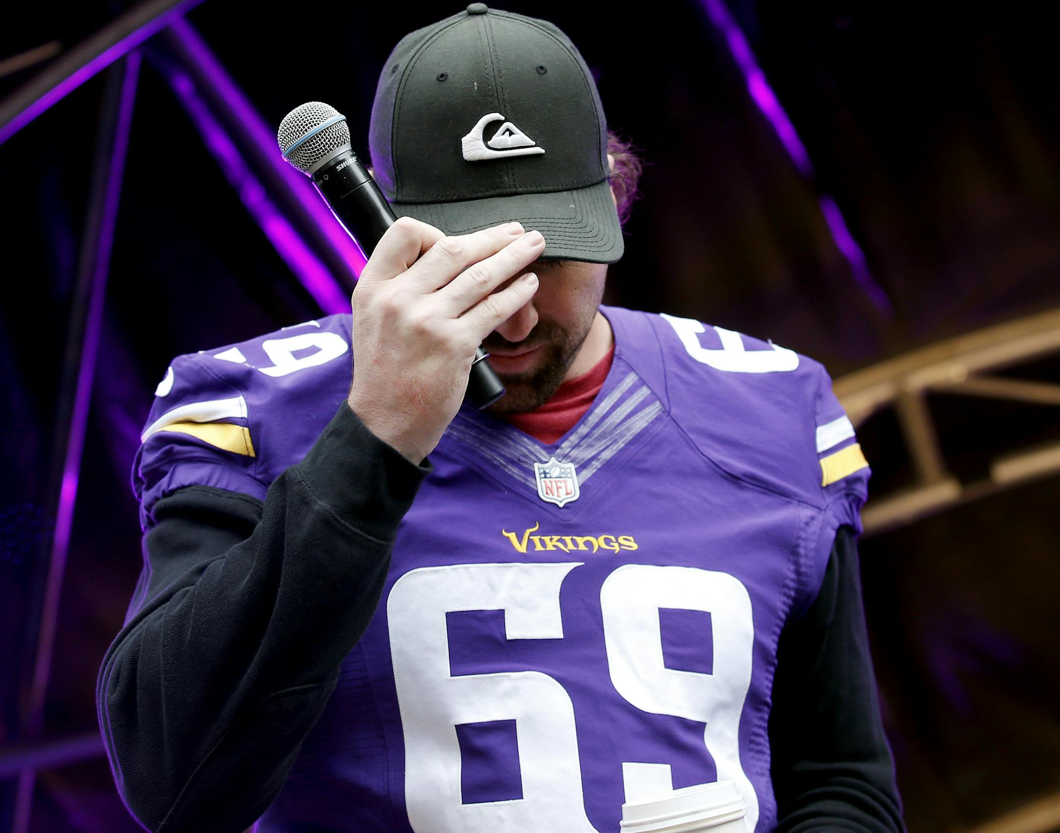 Minnesota Vikings defensive end Jared Allen tipped his hat to the crowd at an NFL Block Party on Regent Street in London on Saturday. ] CARLOS GONZALEZ cgonzalez@startribune.com September 28, 2013, London, England (Minnesota Vikings in London) Regent Street in London is closed to traffic from Oxford Circus to Piccadilly Circus as the NFL stages its first Block Party, featuring interactive NFL content, team zones, music and entertainment, cheerleader performances, food and drink, merchandise and