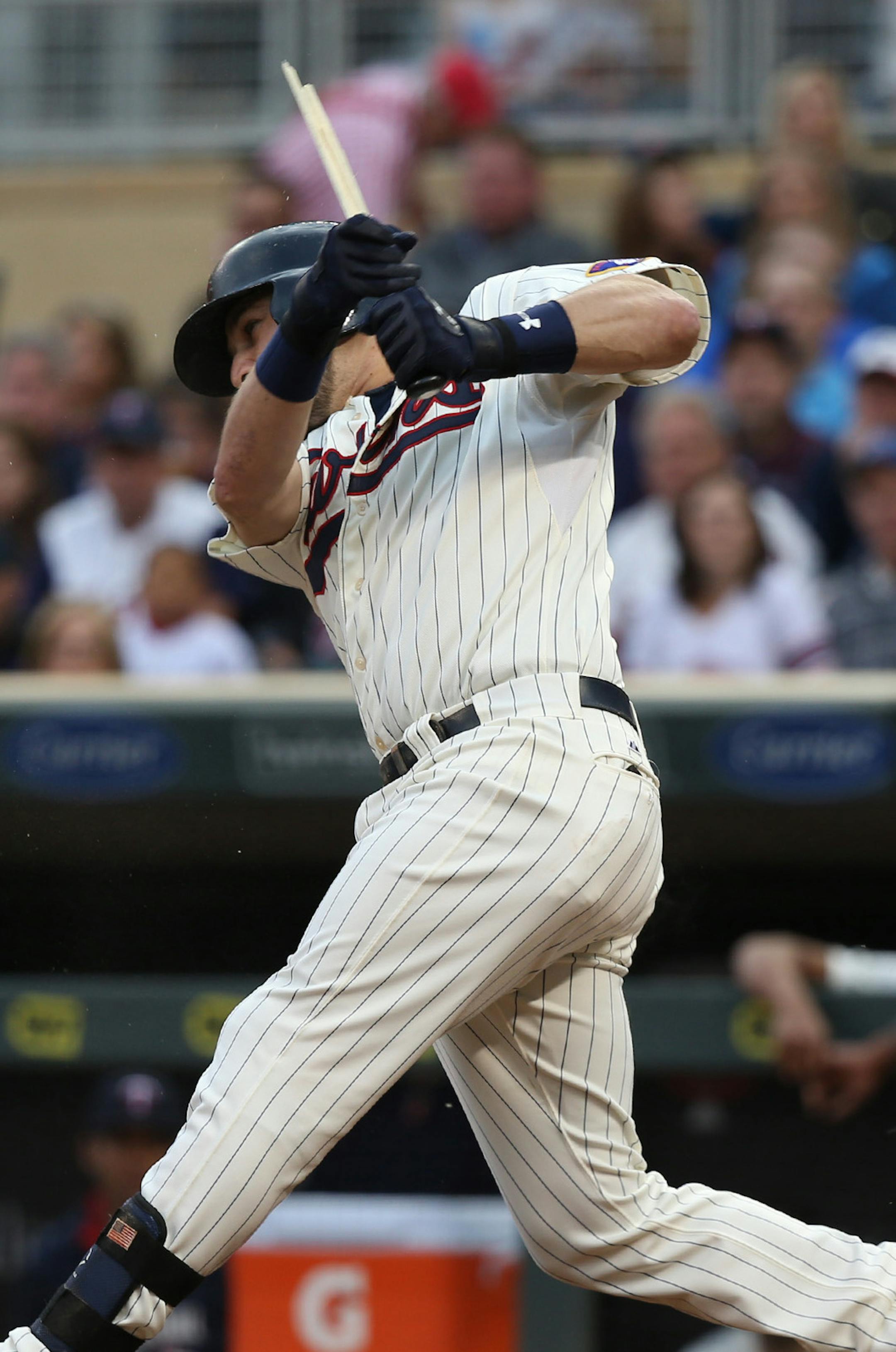 Twins Trevor Plouffe got a broke bat out in the first inning ] (KYNDELL HARKNESS/STAR TRIBUNE) kyndell.harkness@startribune.com Twins vs Angels at Target Field in Minneapolis Min., Saturday September 19, 2015
