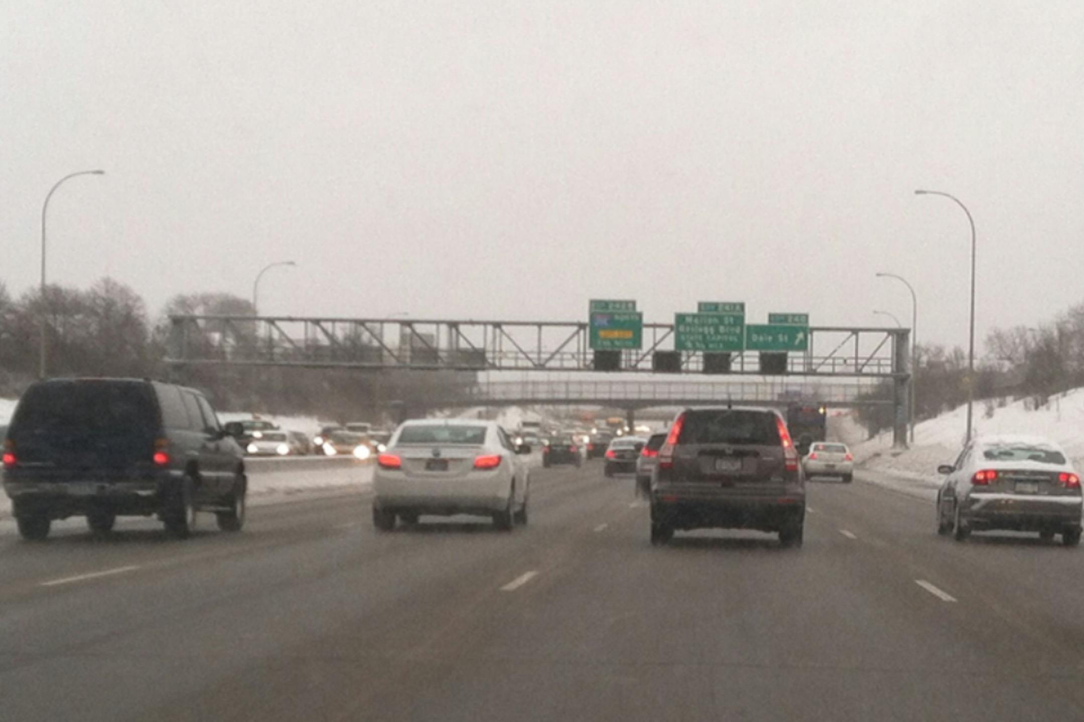 Despite the snow and ice storm Sunday the Monday morning commute on eastbound I-94 from Minneapolis to St. Paul was fairly routine.